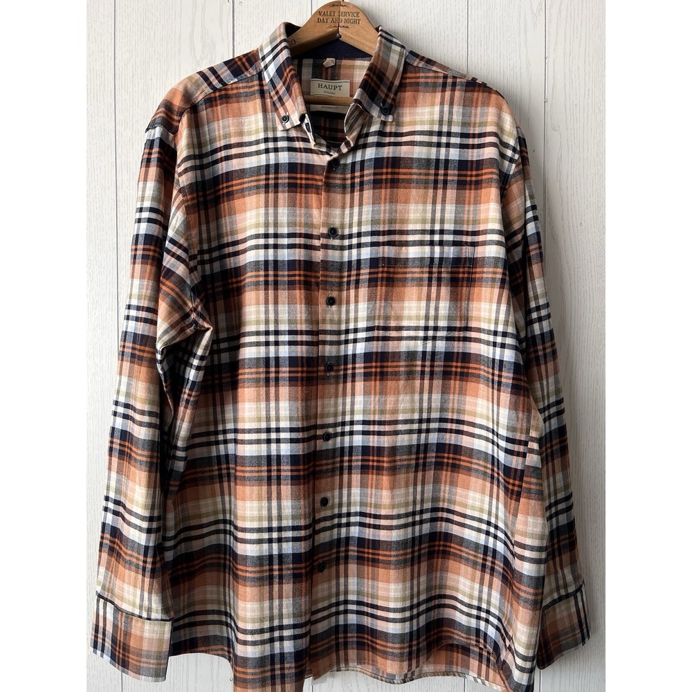 Haupt Flannel Shirt Mens XL 43/44 17.5 Modern Fit Burnt Orange Plaid SUPER SOFT!